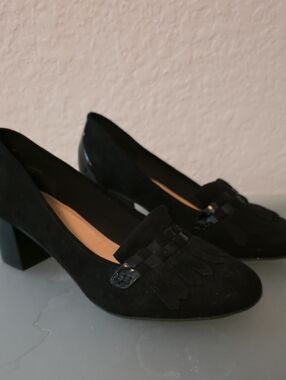 Avenue Black Faux Suede Fringe Block Heel Loafers Size 12